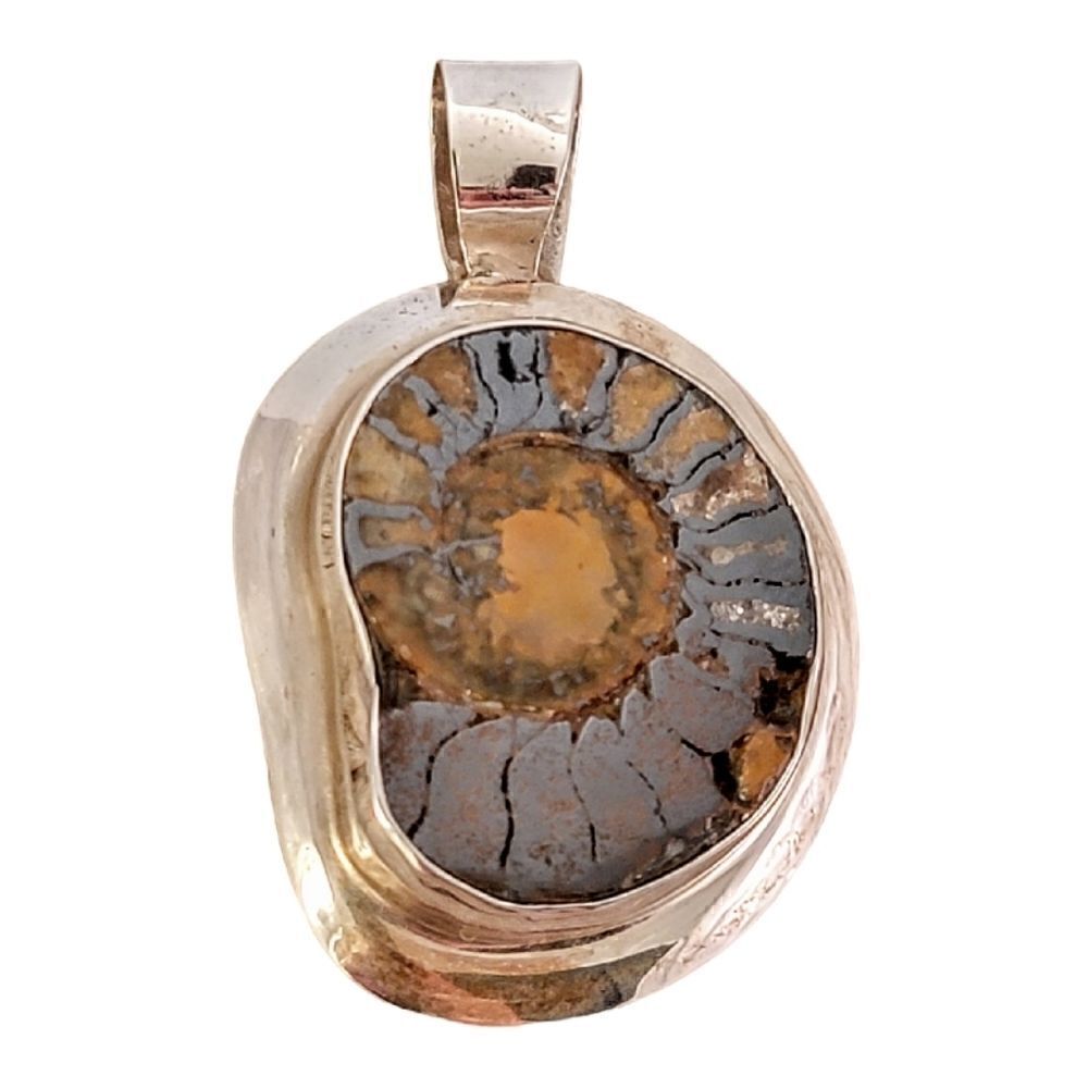 Sterling Mathews Navajo Ammonite Fossil Bezel Set Pendant